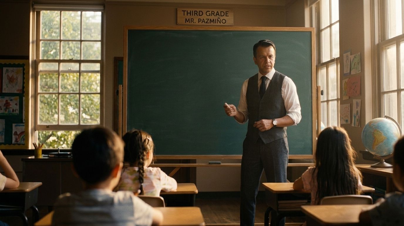 Teaching at a chalkboard in a third-grade classroom