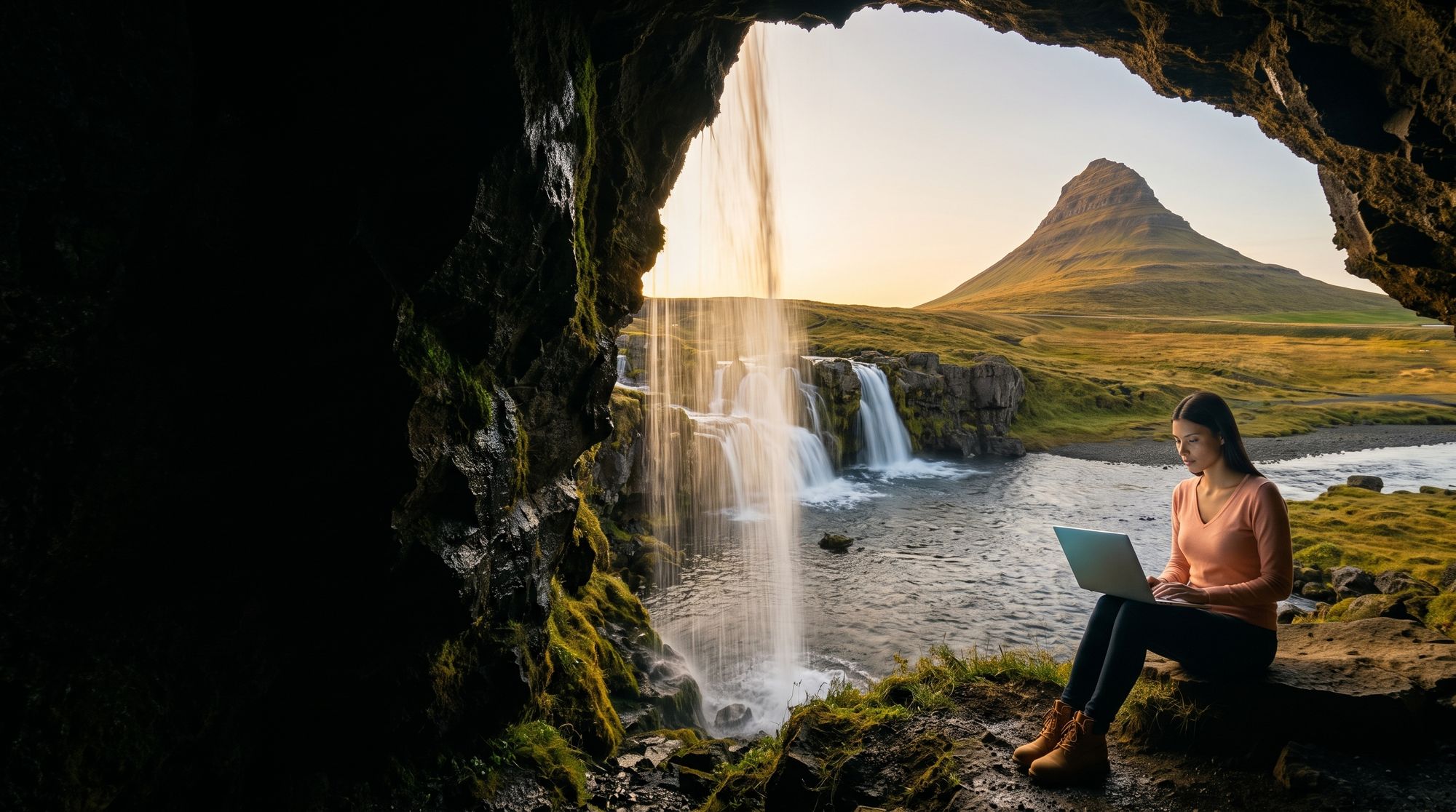 A woman alone behind a waterfall, watching on a laptop